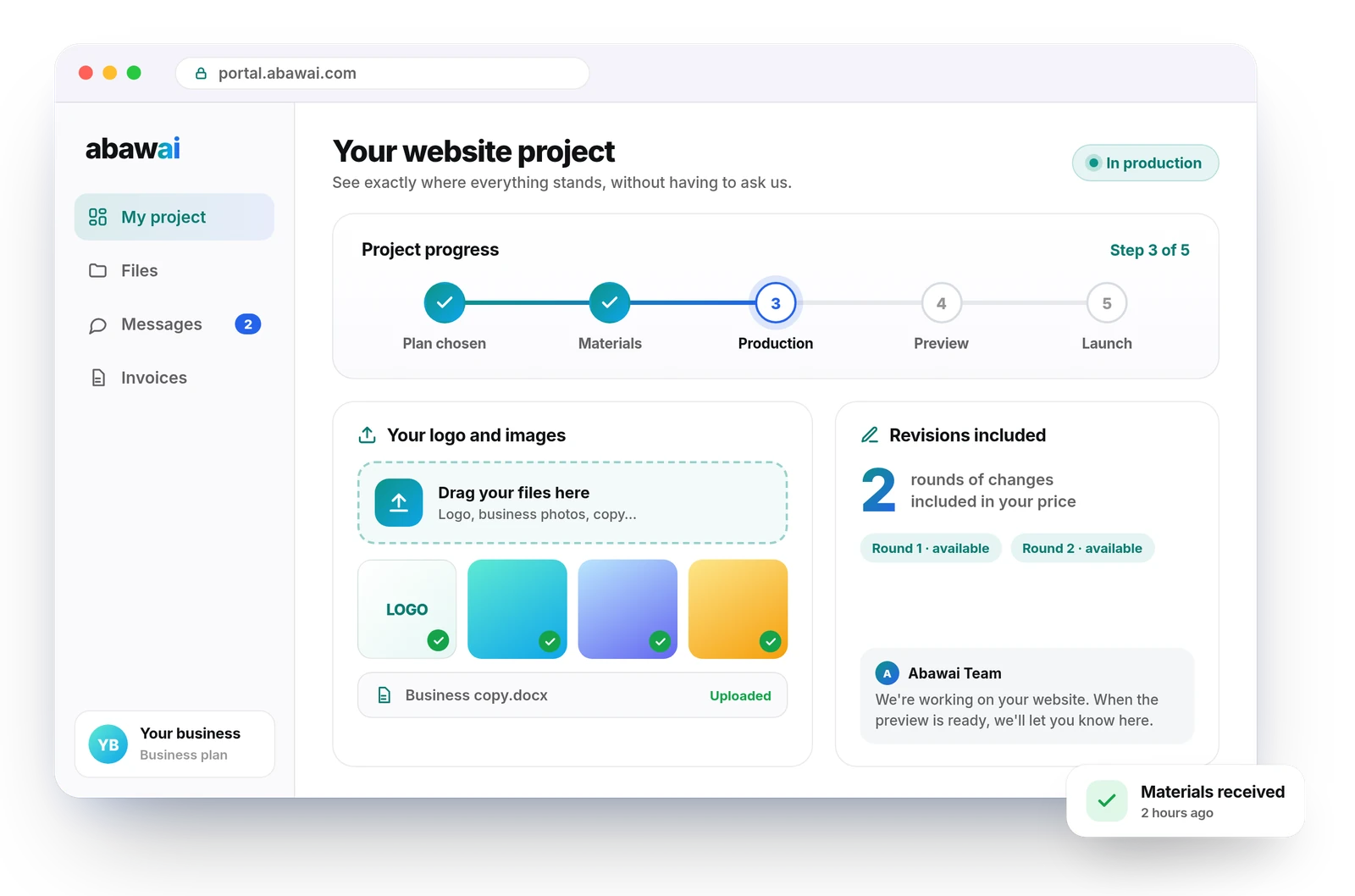 Abawai client dashboard showing project progress, logo and image uploads and the revisions included