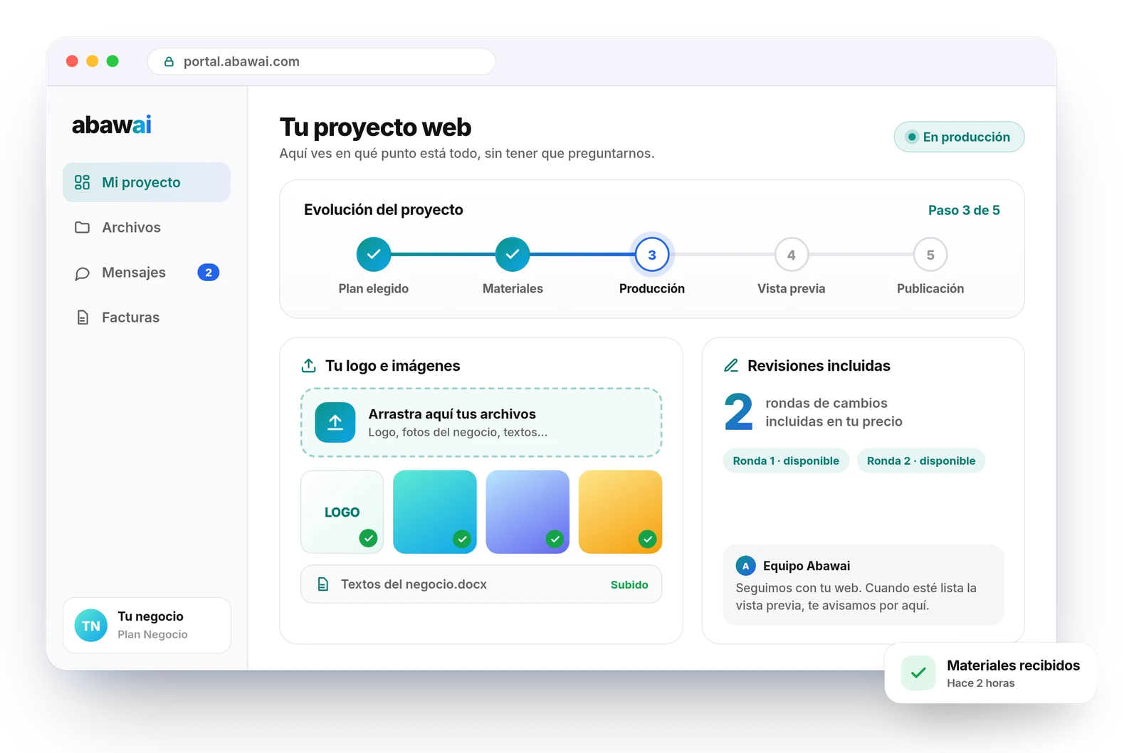 Panel de cliente de Abawai con la evolución del proyecto, la subida de logo e imágenes y las revisiones incluidas